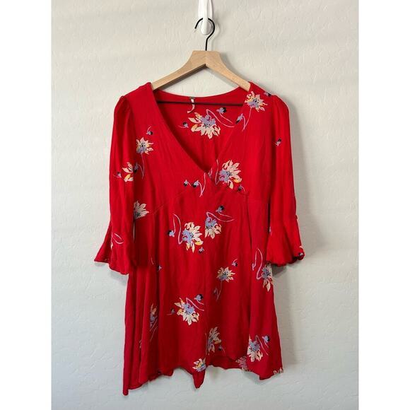 Free People Time On My Side Red Floral Mini Wrap Dress Size M Valentine’s Day - Picture 2 of 16